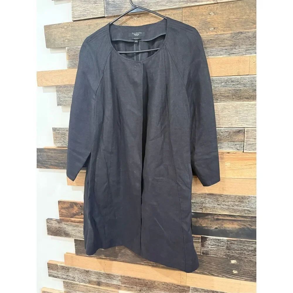 TALBOTS Women’s Black 100% Irish Linen Open Front one snap Jacket Sz petite L